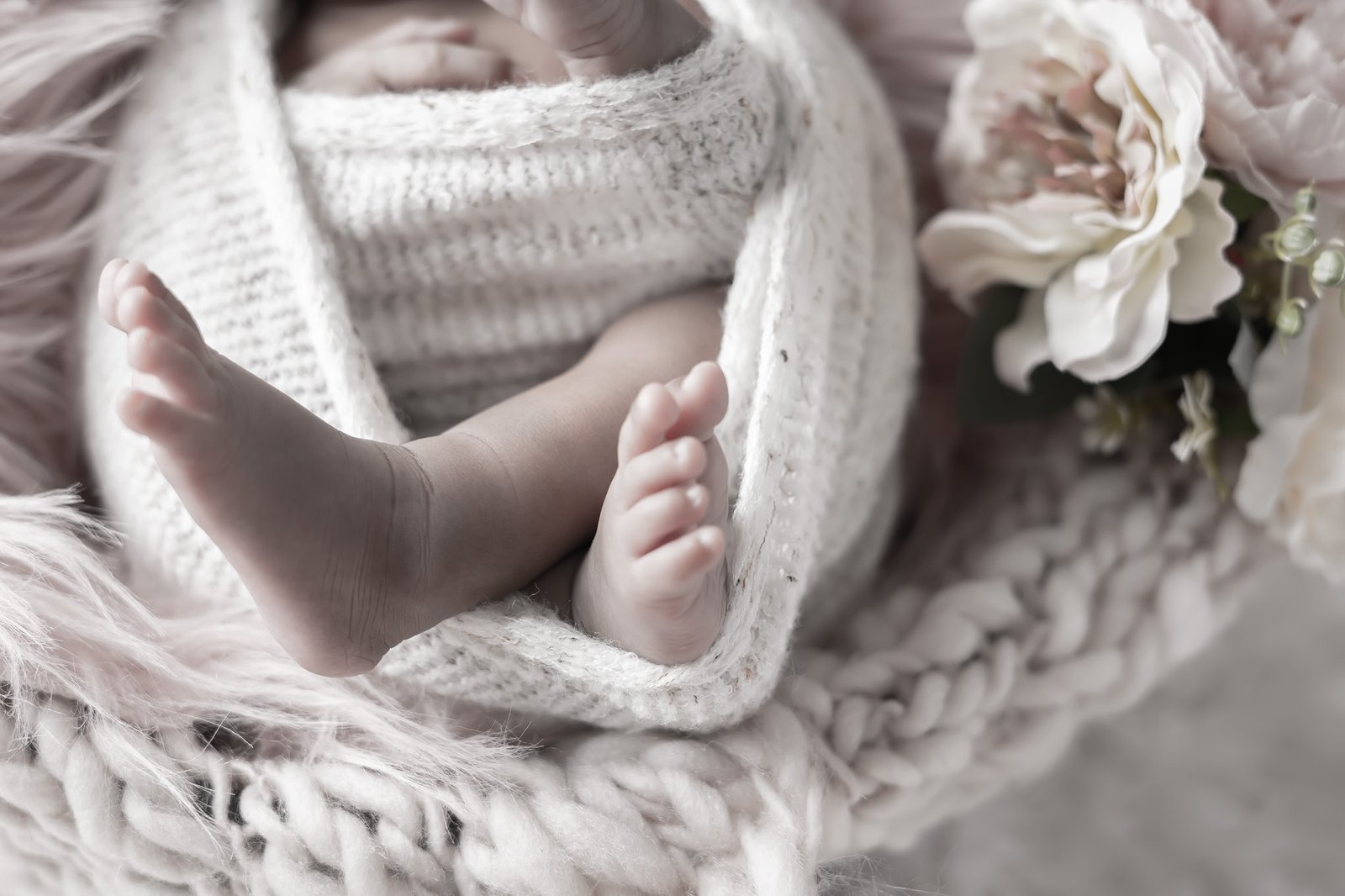 Close up of a newborn baby's feet wrapped in a soft knit blanket beside flowers
